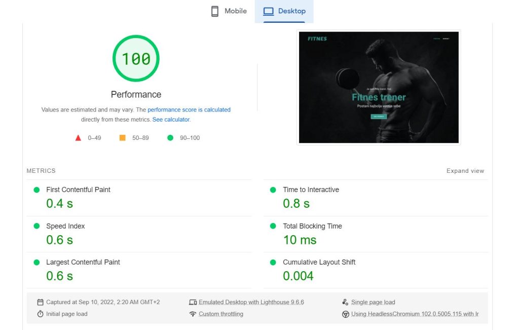 screen-šot od pagespeed gde se vidi brzina učitavanja web stranice