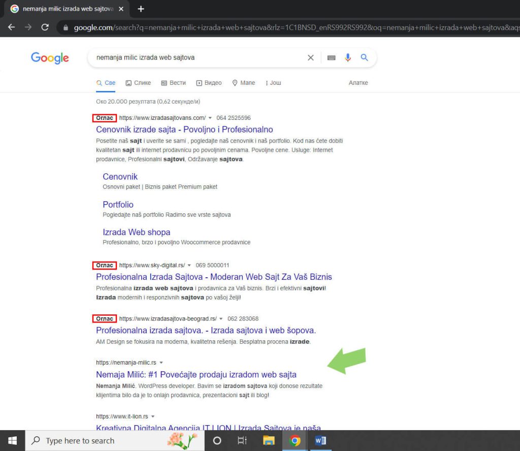 skrinšot gde imamo prikaz moje poczicije na pretraživaču